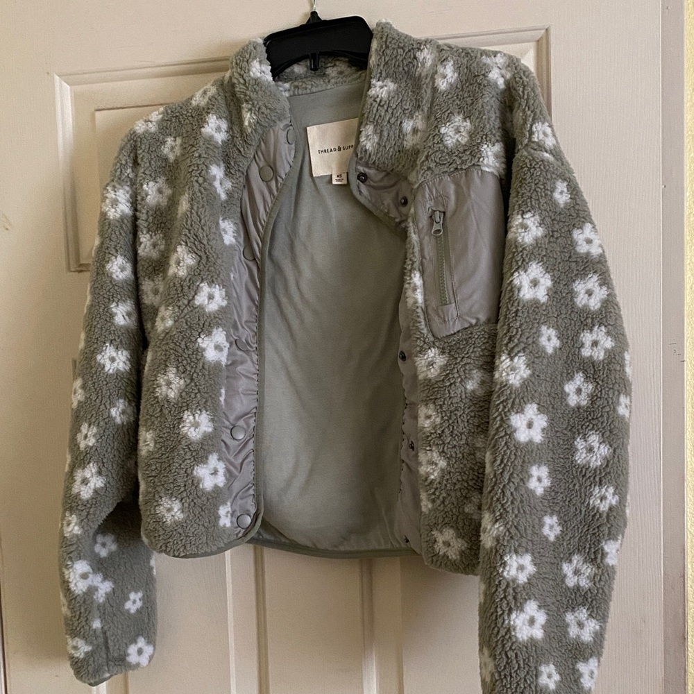 Thread & Supply Floral Puffer Jacket in Green and White